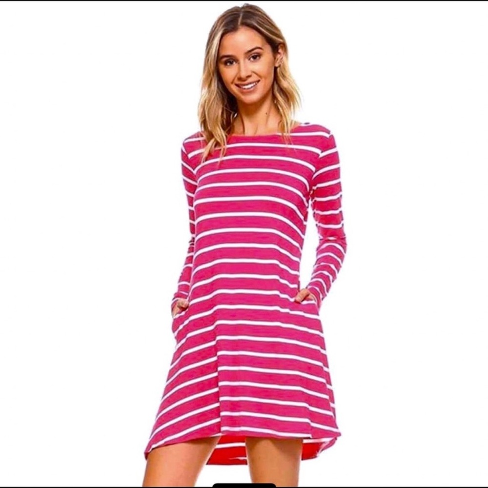 Yelete Women’s Long Sleeve Pink White Striped Dress With Pocket Size Small